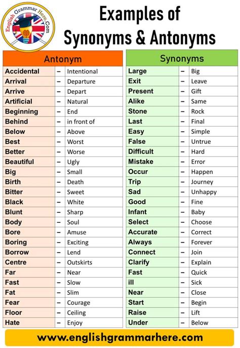 20 antonyms and synonyms